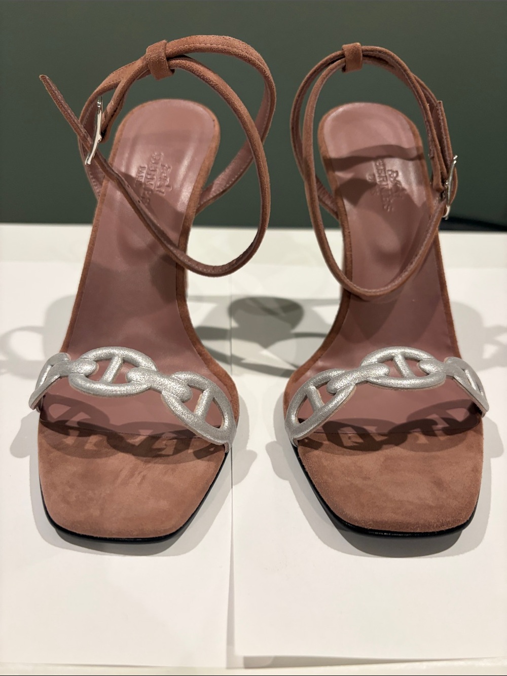 Hermes Brown Suede Sandals with Silver Chain Accent